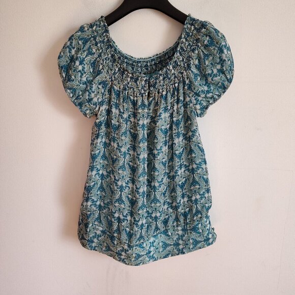 Ladies SZ 2 Inc Aqua Print Silk Peasant Top - Picture 1 of 5